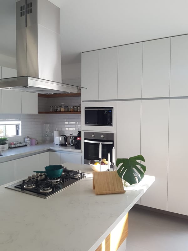 Cocina con alacenas blancas, parrilla de gas, campana de acero y una planta sobre la barra.